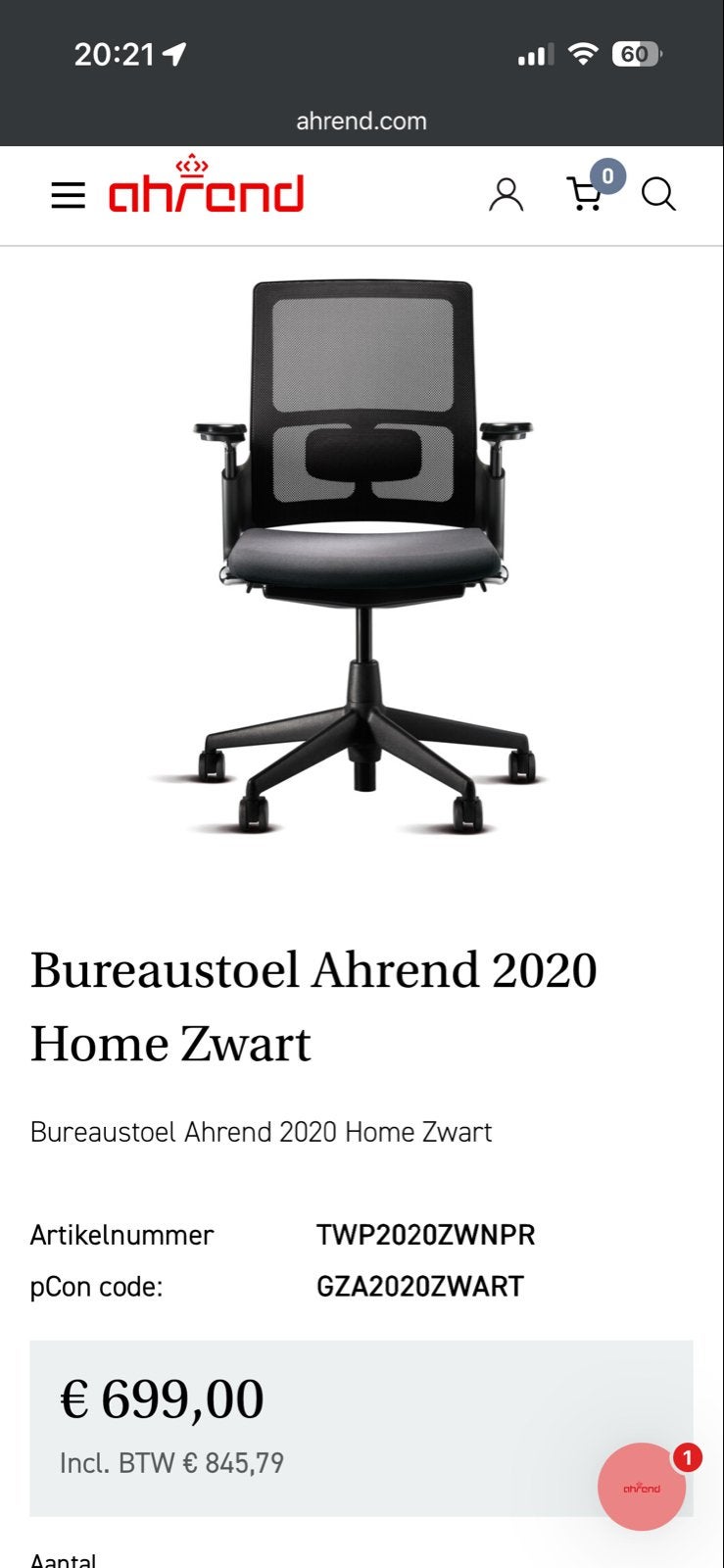 Ahrend 2020 Home Ergonomische Bureaustoel– Zo goed als nieuw, Ophalen, Zwart, Zo goed als nieuw, Bureaustoel
