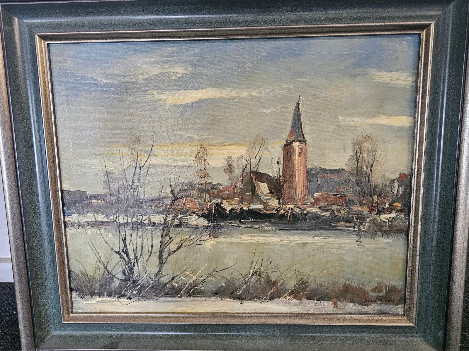 Schilderij 'Winter in Monnickendam' door J. Kelderman, Doek, Realistisch, Ophalen of Verzenden, Gedateerd