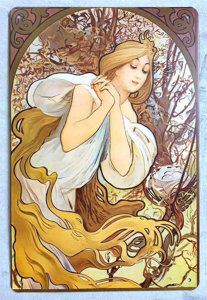 ALPHONSE MUCHA de Seizoenen Lente Metalen Wandbord, Antiek en Kunst, Verzenden