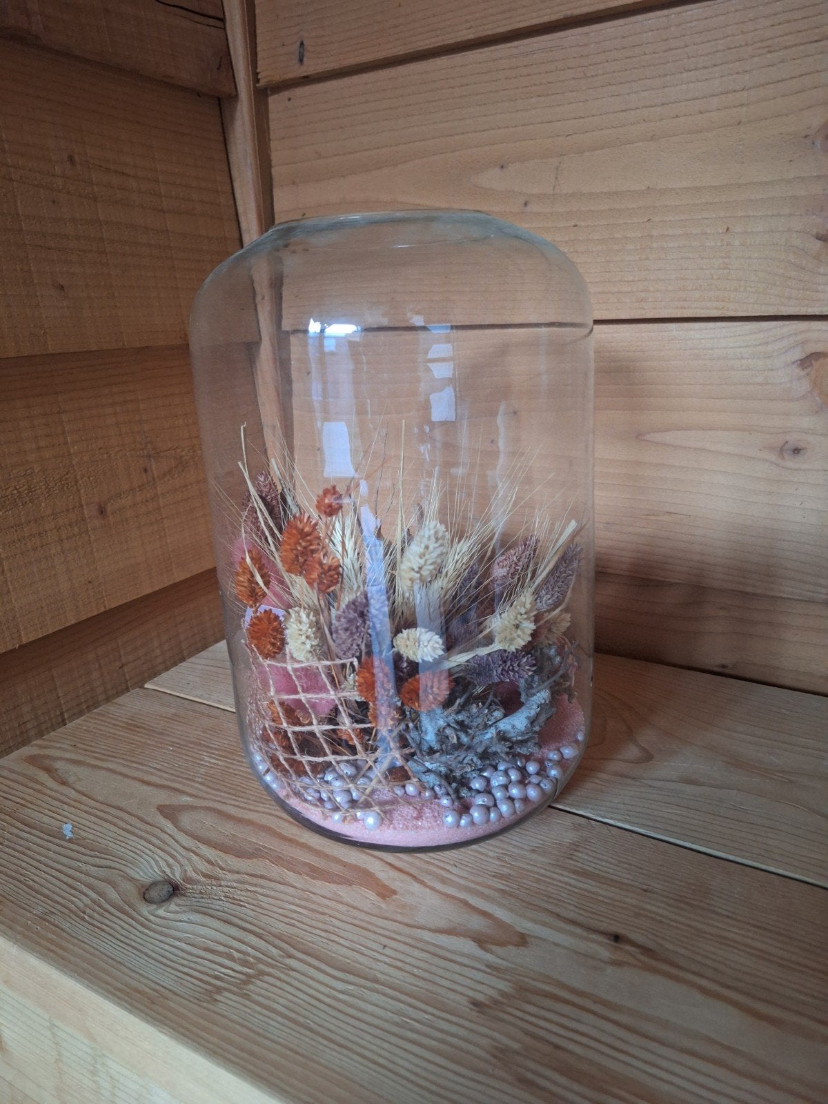 Glazen stolp met inhoud - 30 cm hoog, Glas, Ophalen of Verzenden, Gebruikt, Inclusief decoratie