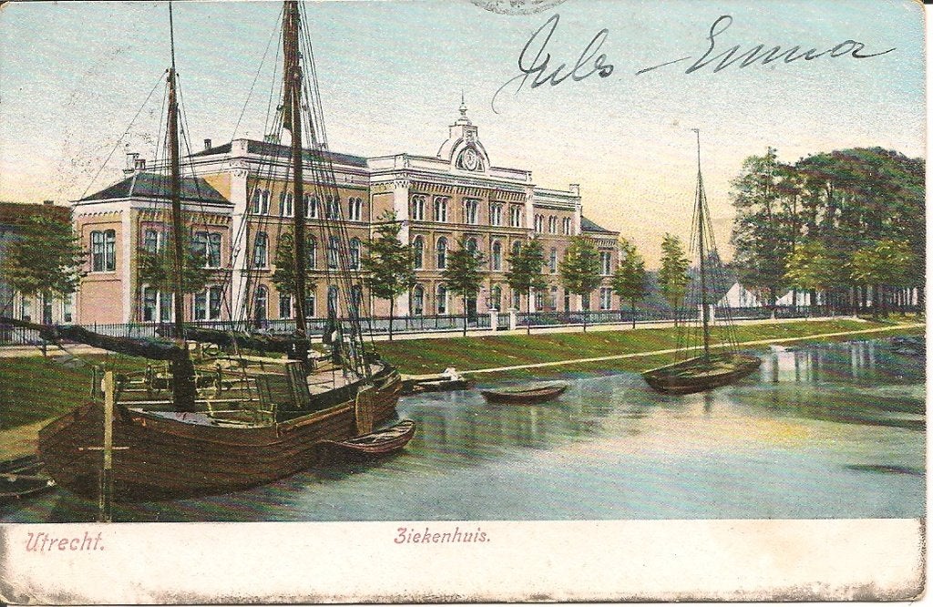 Oude Ansichtkaart Utrecht Ziekenhuis met boten, Ophalen of Verzenden, 1920 tot 1940, Gelopen, Utrecht