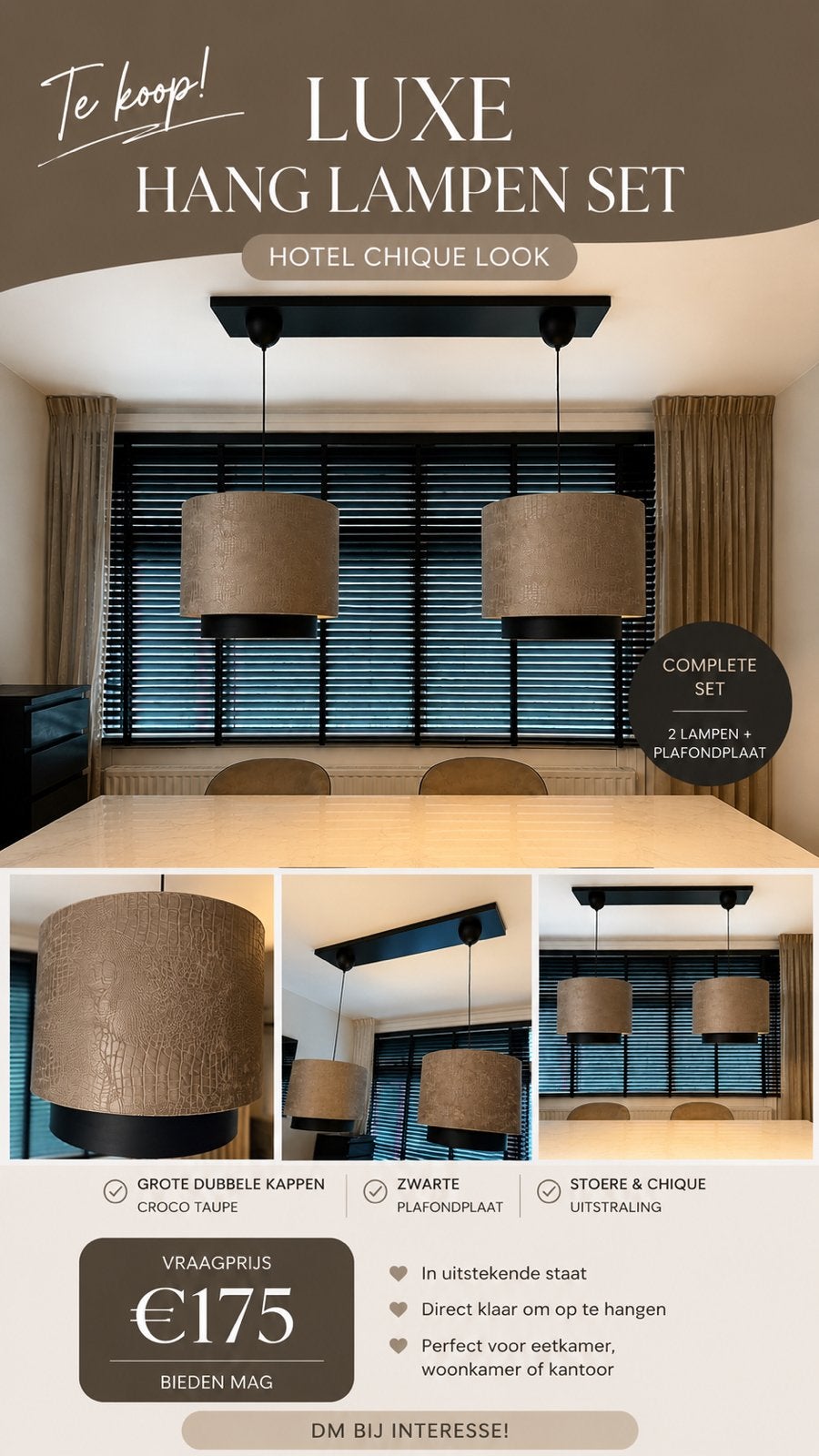 Luxe dubbele hanglamp – goud/beige croco – complete set, Huis en Inrichting, Ophalen of Verzenden, Zo goed als nieuw, Eric Kuster