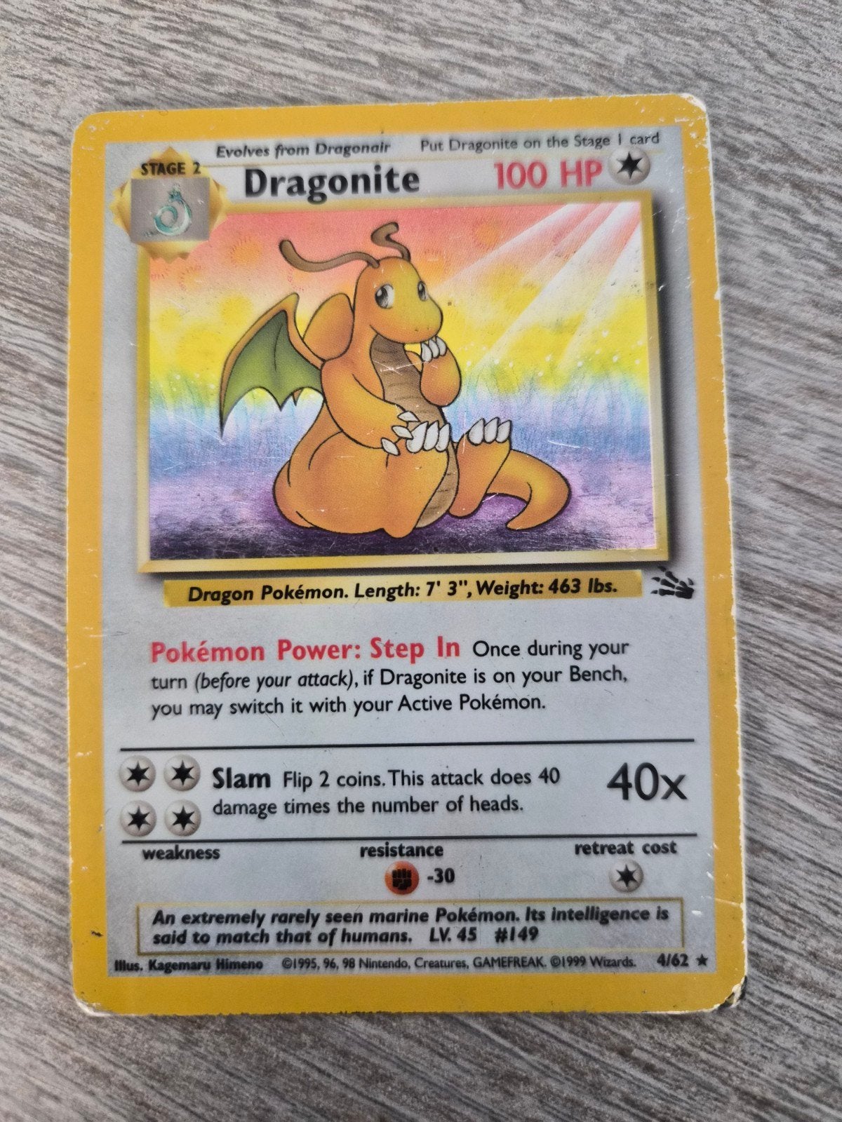 dragonite holo fossil 4/62, Hobby en Vrije tijd, Verzamelkaartspellen | Pokémon, Ophalen of Verzenden, Gebruikt, Losse kaart, Foil