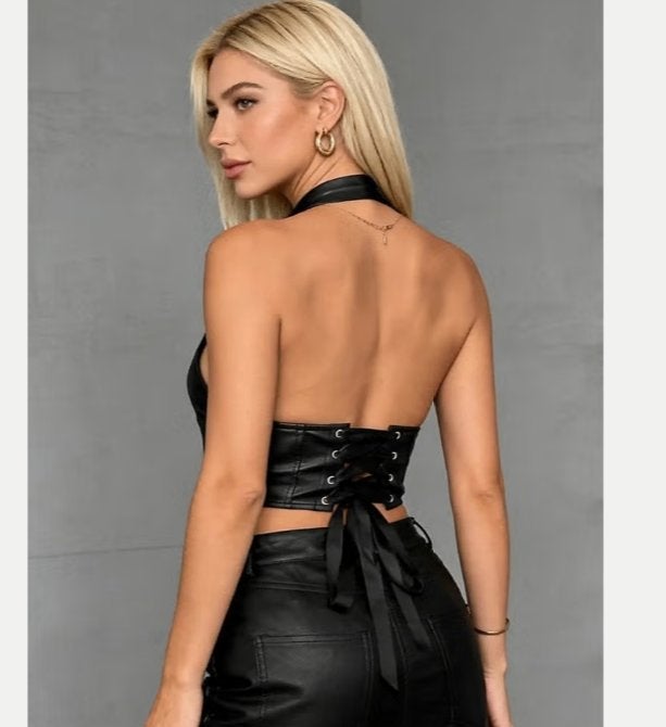Sexy PU leren halter tank top diepe V nek en vetersluiting