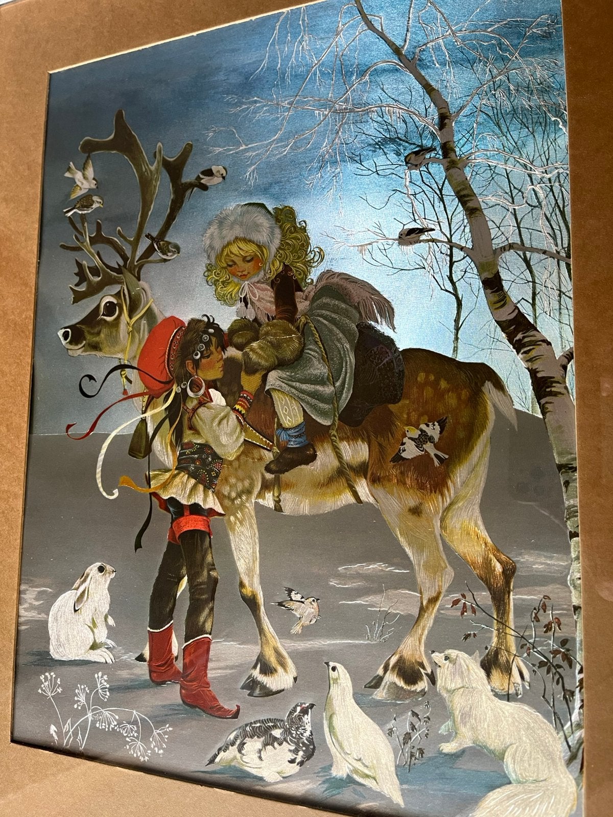 Vintage Ingelijst Schilderij Winter sprookje, Ophalen of Verzenden, Vintage, Achter glas, Dieren