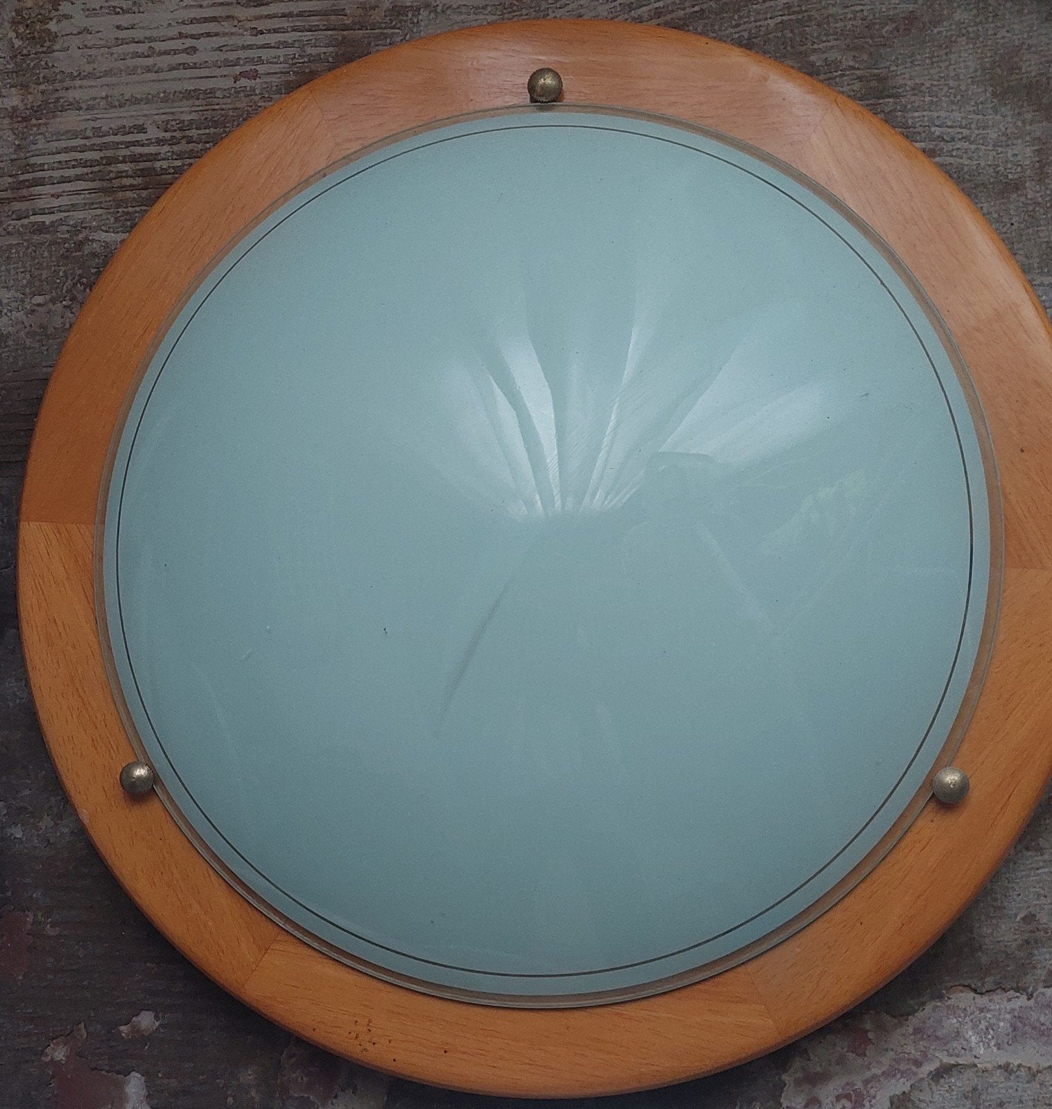 Vintage Plafonnière met Houten Rand en Melkglas, Ophalen, Gebruikt, Vintage, Plafondlamp