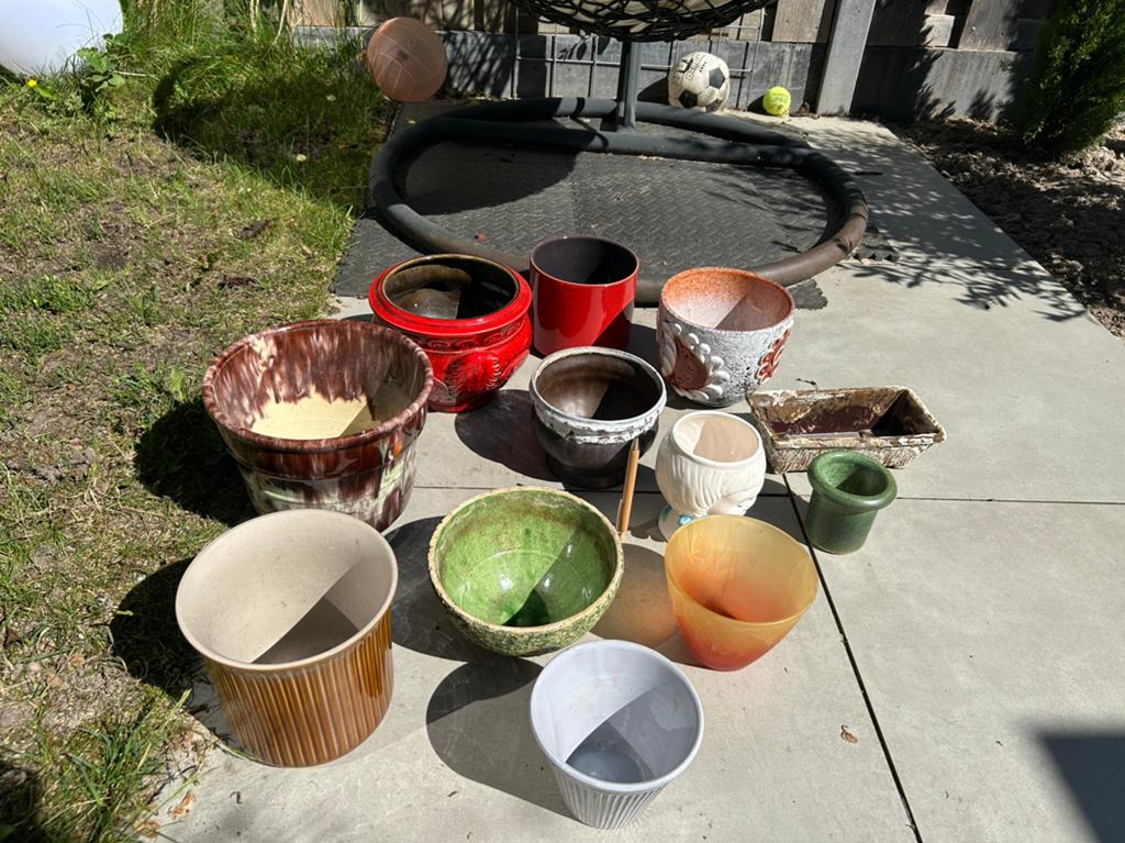 12 Oude vintage planten bloempotten, adco, Erica, berkenbast, Ophalen, Gebruikt, Rond, Binnen
