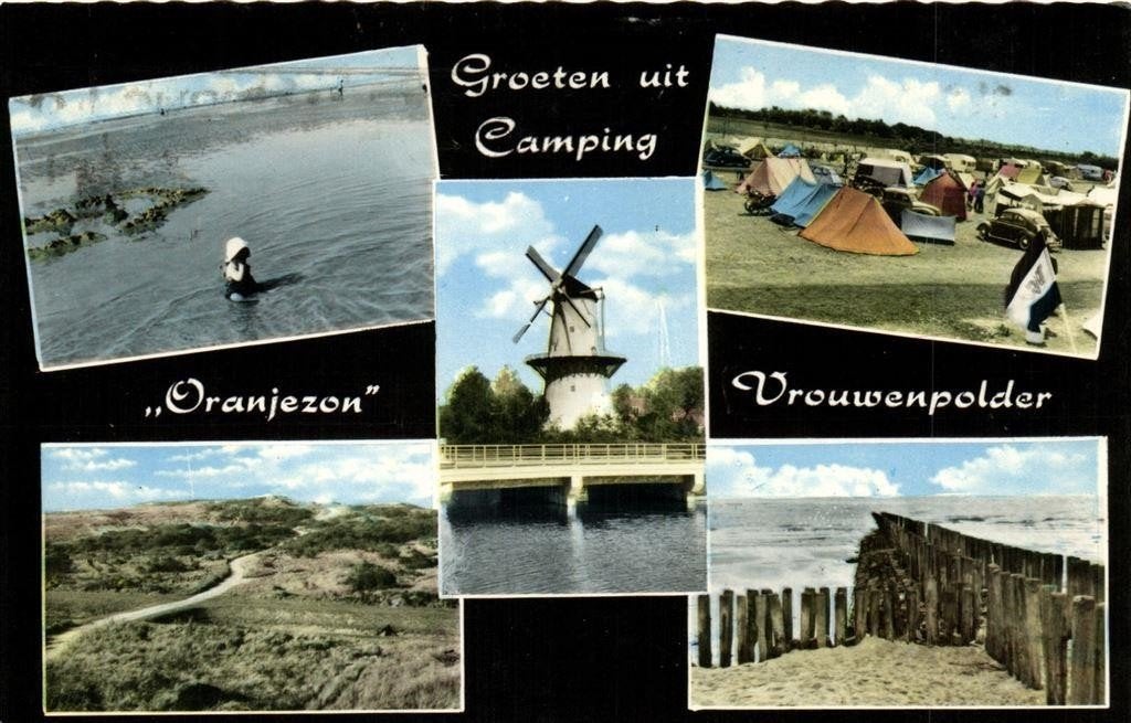Groeten uit Camping Oranjezon, Vrouwenpolder - 5 afb - 1969, Verzamelen, Ophalen of Verzenden, 1960 tot 1980, Gelopen, Zeeland