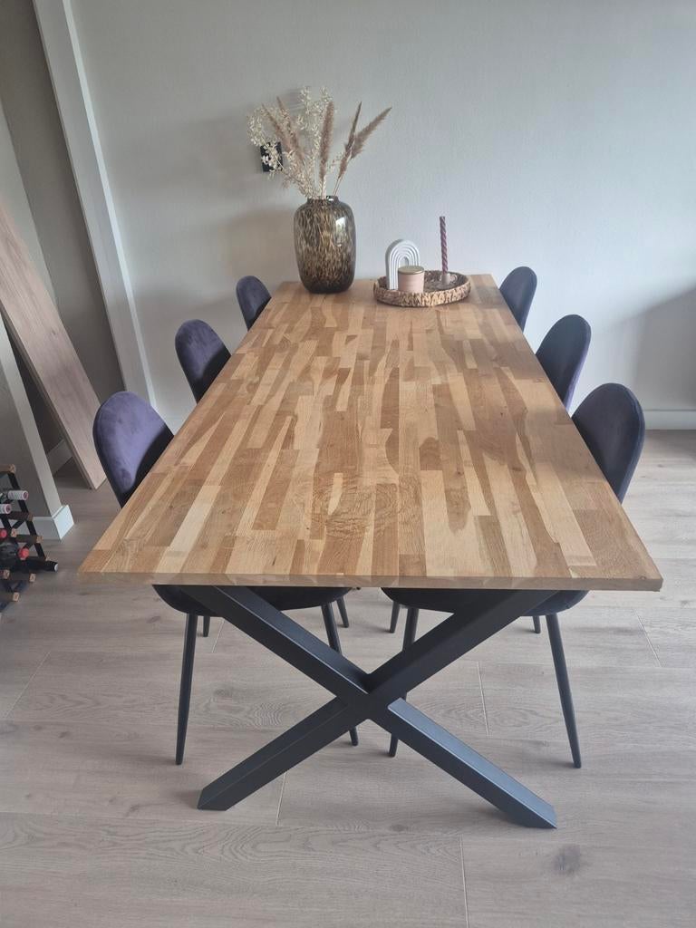 Woood eettafel met zwarte x poten, Ophalen of Verzenden, Gebruikt, Rechthoekig, 50 tot 100 cm