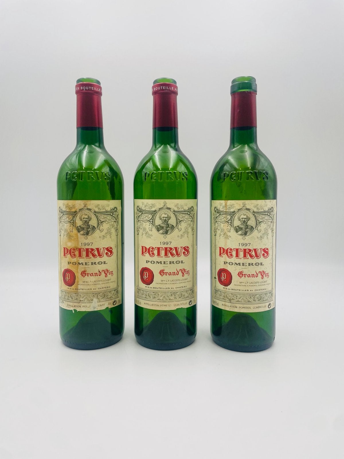 Lege Petrus 1997 flessen - Set van 3, Ophalen of Verzenden, Gebruikt, Frankrijk, Rode wijn