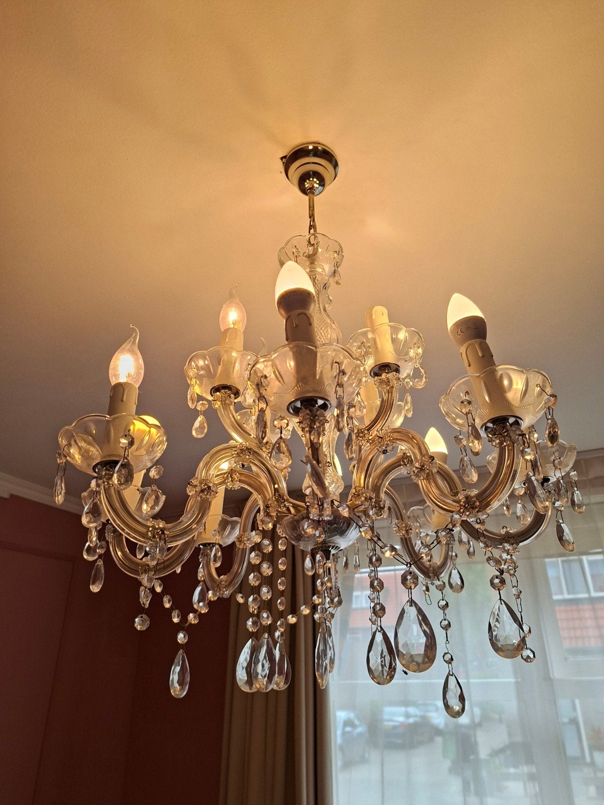 kroonluchter met 8 armen, Gebruikt, E14 (klein), Ophalen of Verzenden, Glas