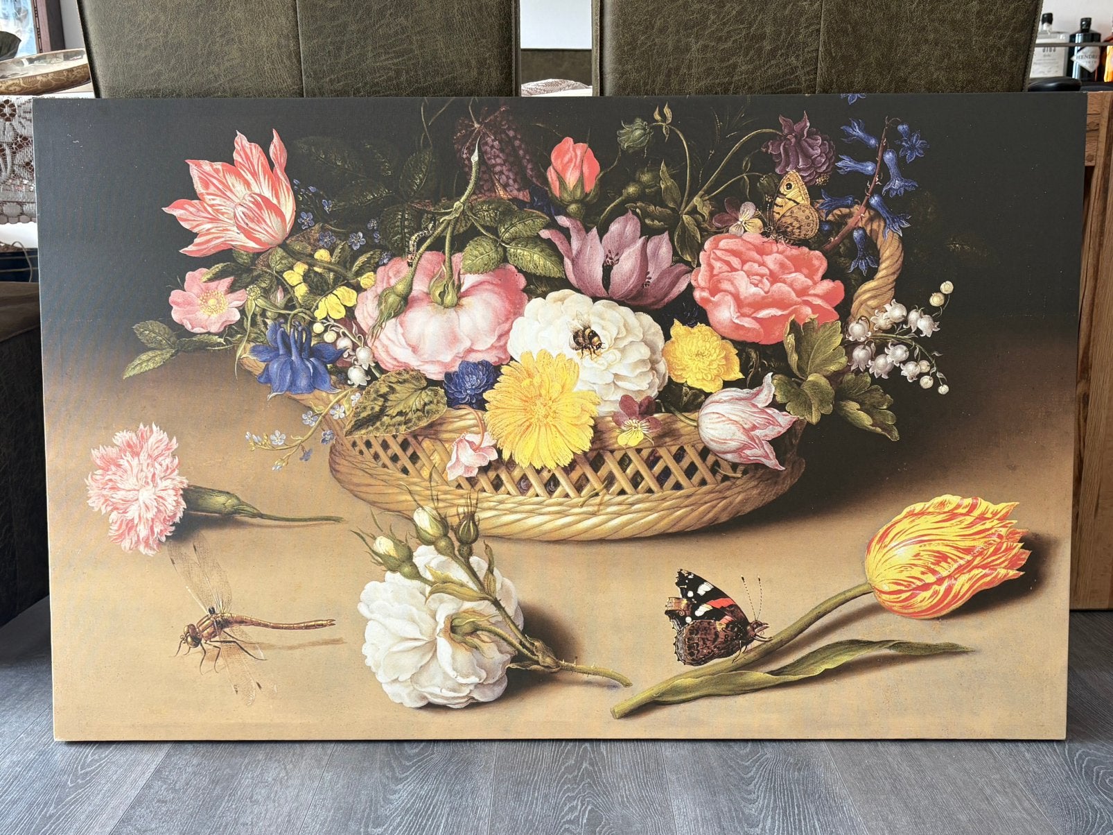 Groot canvas bloemstilleven met vlinders – 120 x 75 cm, Ophalen