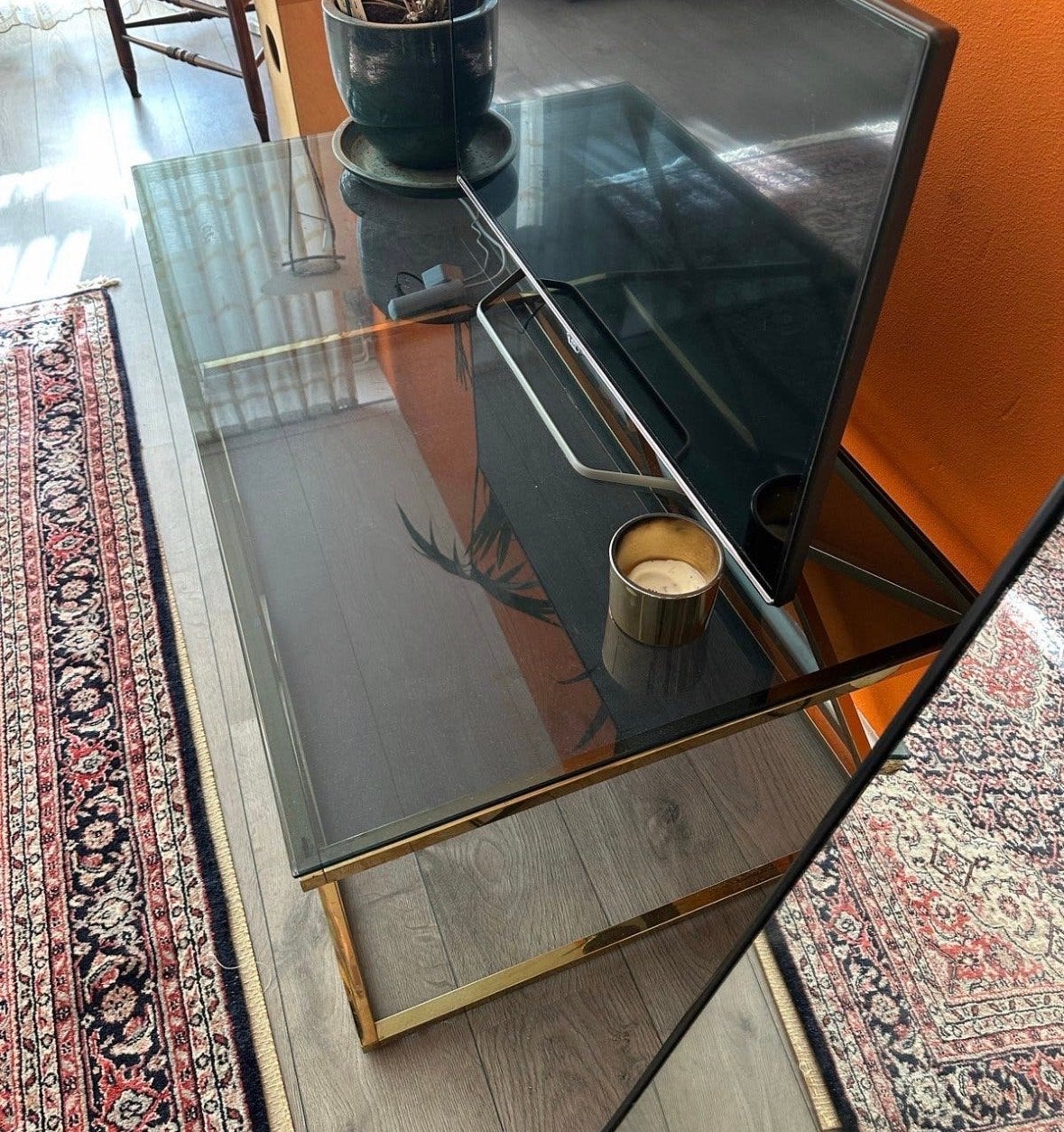 Glazen salontafel met gouden onderstel, Gebruikt, 100 tot 150 cm, Glas, 50 tot 100 cm