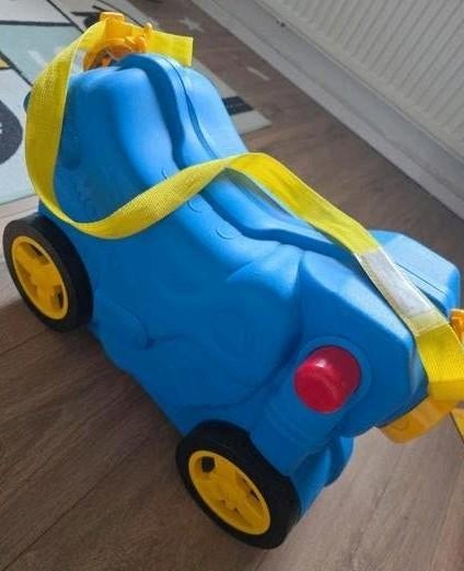 Blauwe loopauto kinder koffer met trekkoord, Ophalen of Verzenden, Gebruikt, Hard kunststof, Wieltjes