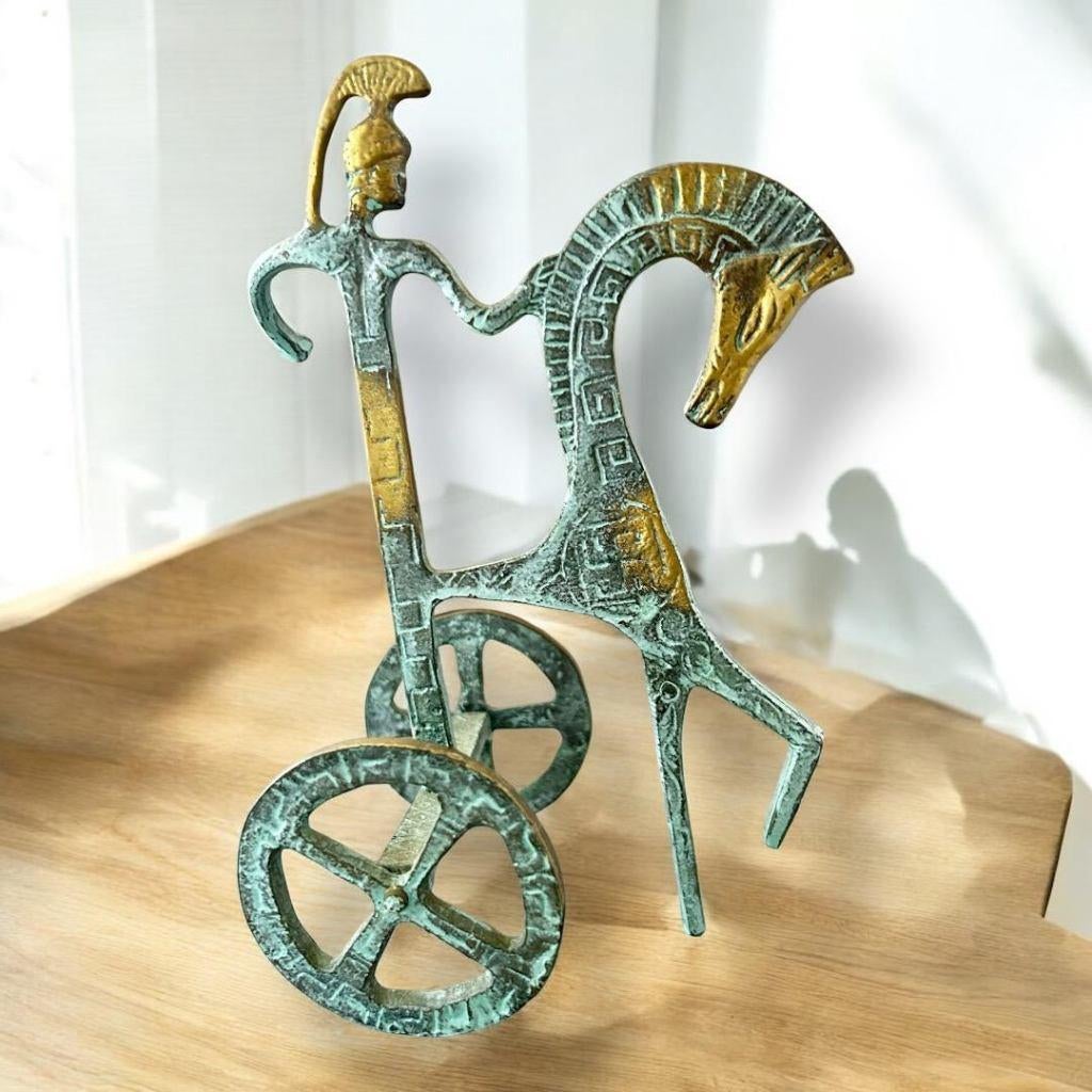 Bronzen sculptuur Athena Minerva op strijdwagen., Antiek en Kunst, Ophalen of Verzenden, Brons