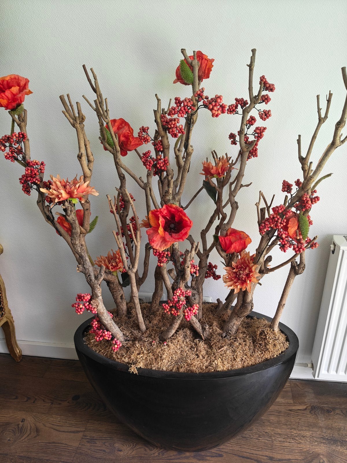 groot bloemstuk in ovale hoogglans pot, Ophalen