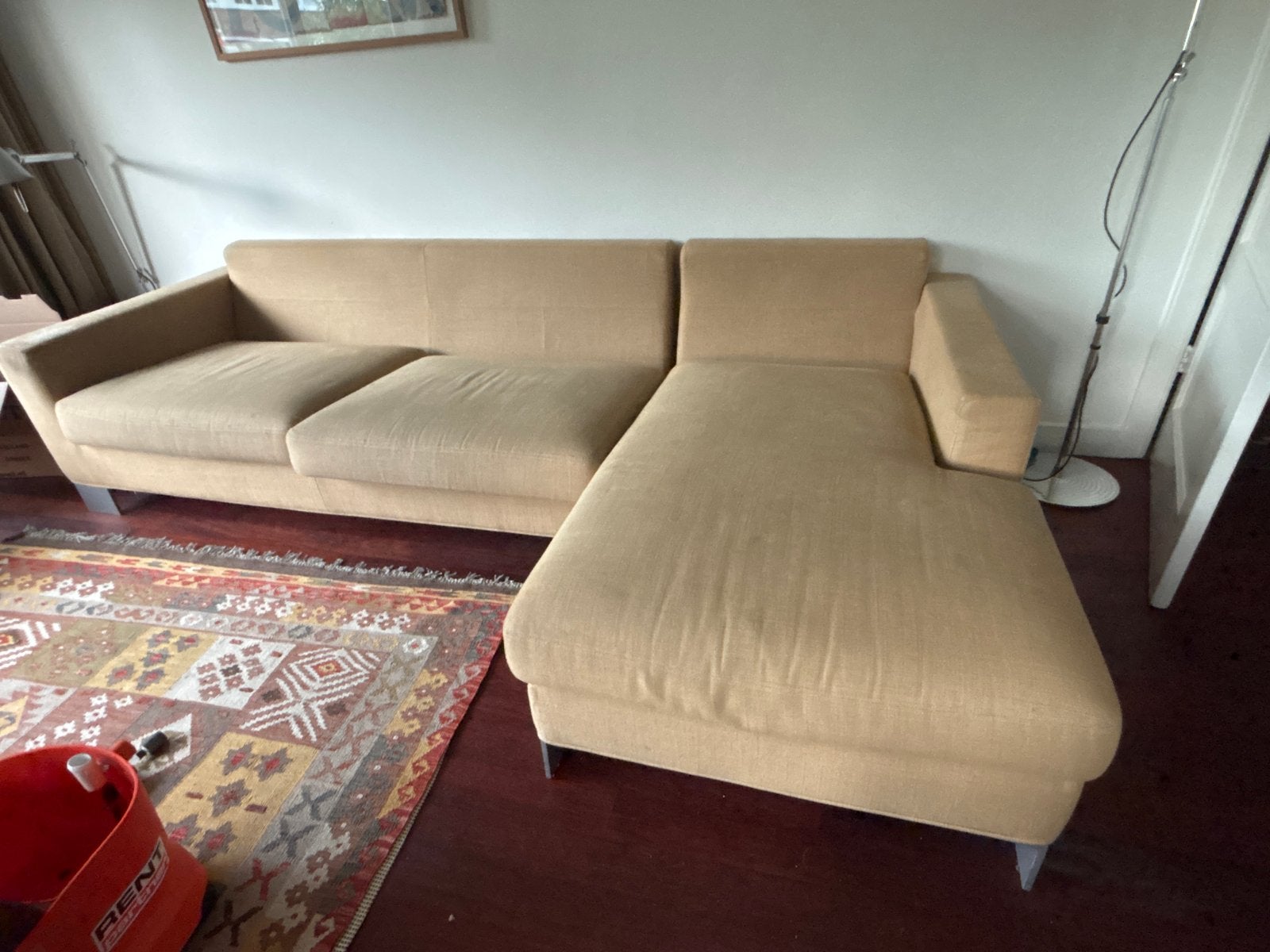 GRATIS OPHALEN Comfort Hoekbank - 2.70m breed, beige stof, Huis en Inrichting, Banken | Bankstellen, Ophalen, 250 tot 300 cm, Gebruikt