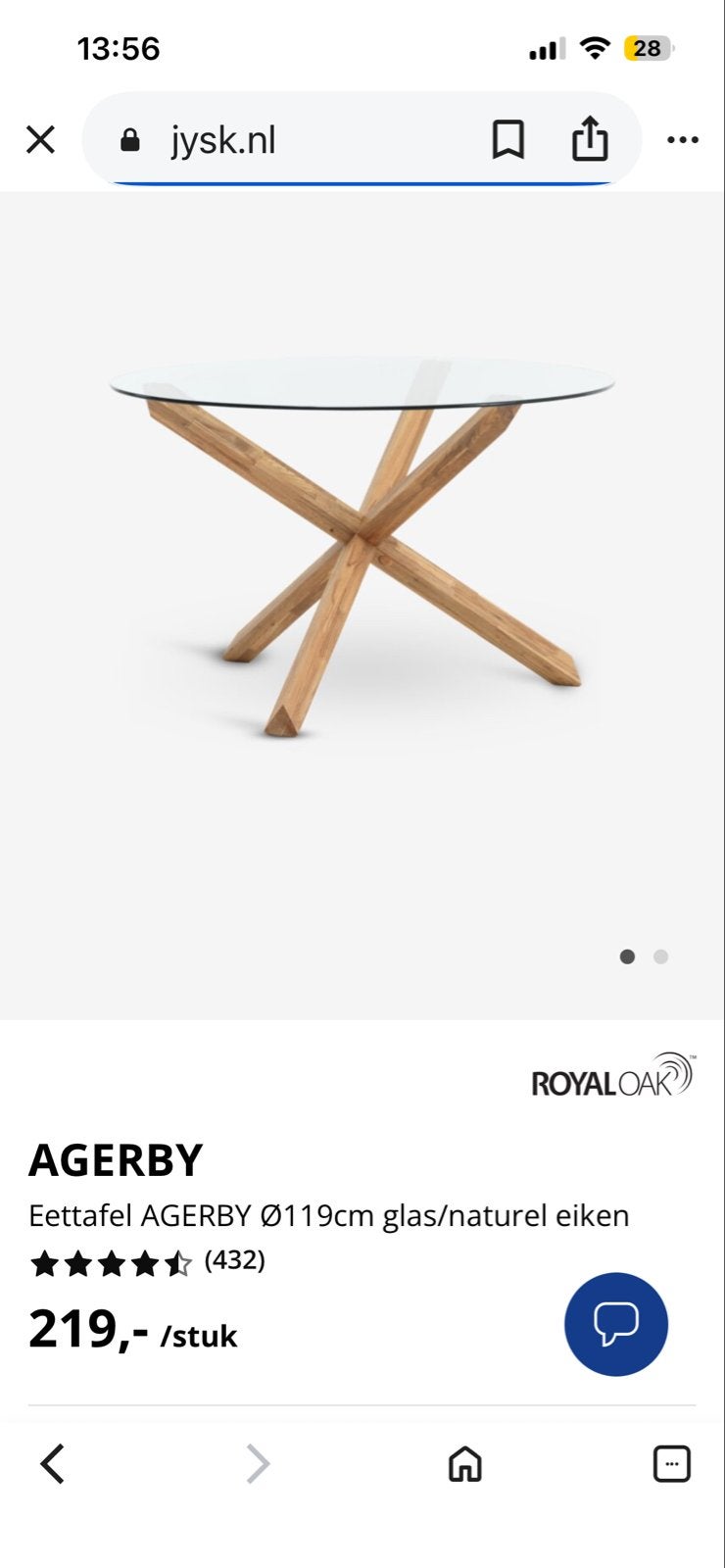 JYSK Agerby Eettafel Ø119cm Glas/Naturel Eiken, Huis en Inrichting, Tafels | Eettafels, Ophalen, 100 tot 150 cm, Zo goed als nieuw