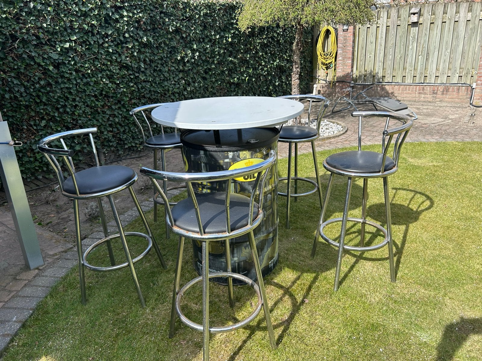 Kroontafel met 4 barkrukken, Gebruikt, Ophalen of Verzenden, 90 cm of meer, Metaal