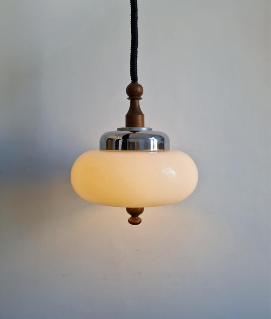 Vintage mushroom hanglamp chroom teak space age design, Huis en Inrichting, Lampen | Hanglampen, Ophalen of Verzenden