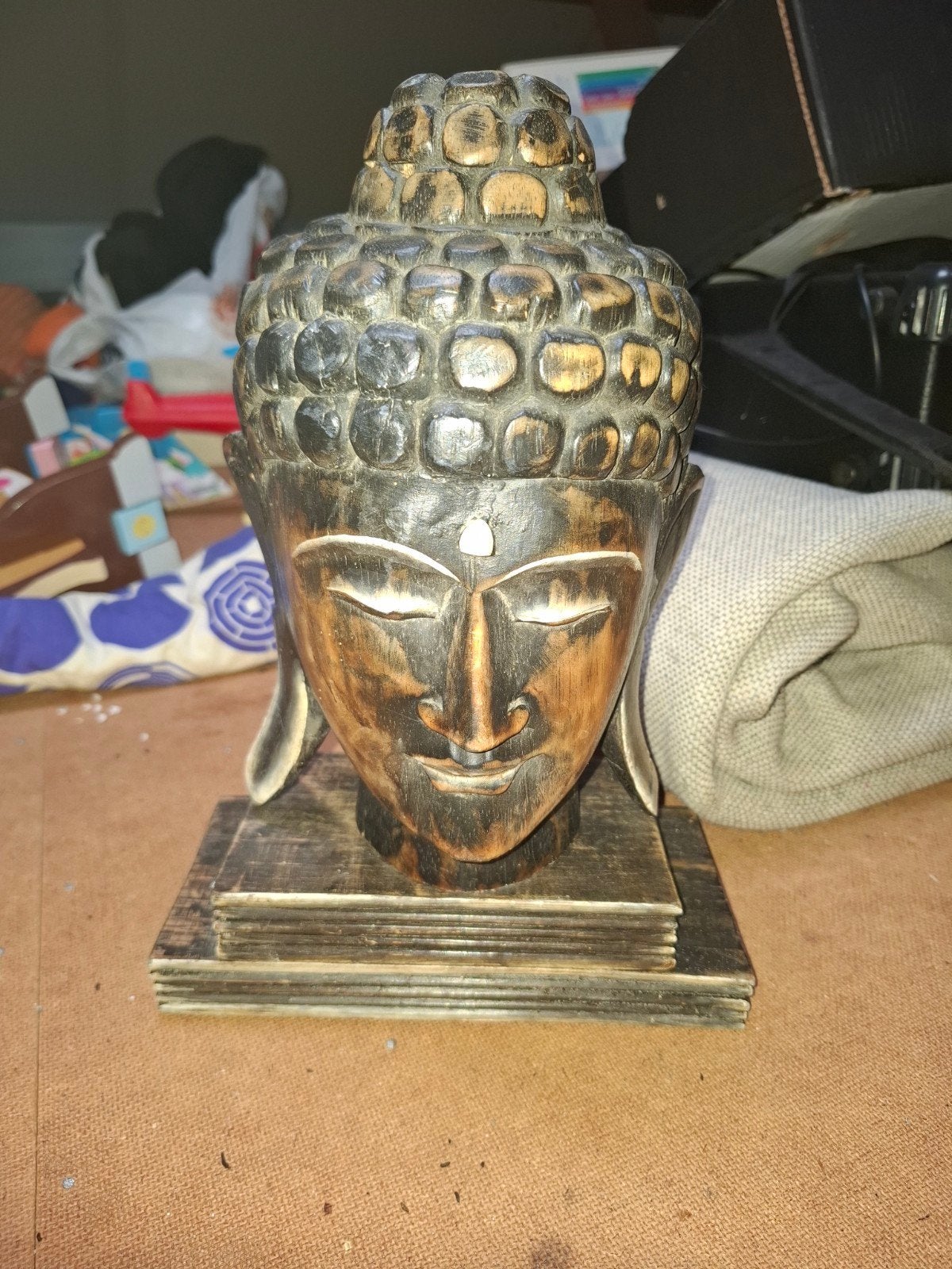 Houten Boeddha Hoofd Beeld - Handgesneden Decoratie, Ophalen of Verzenden, Zo goed als nieuw, Hout, Handgemaakt