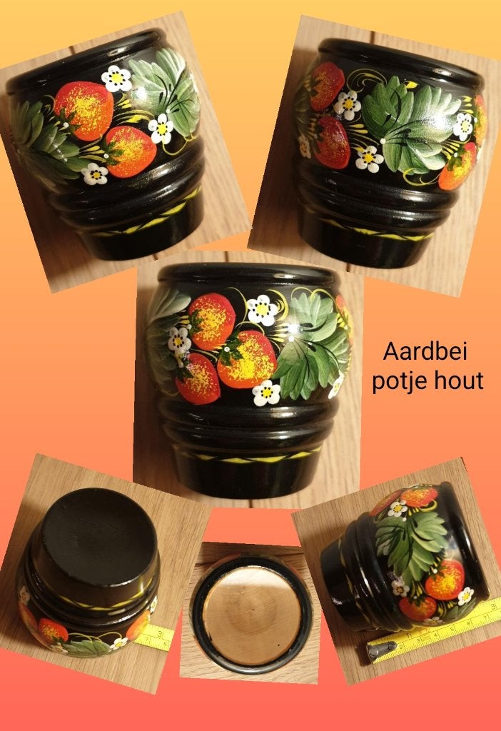 Aardbeien potje hout, handbeschilderd gave decoratie vintage, Ophalen of Verzenden
