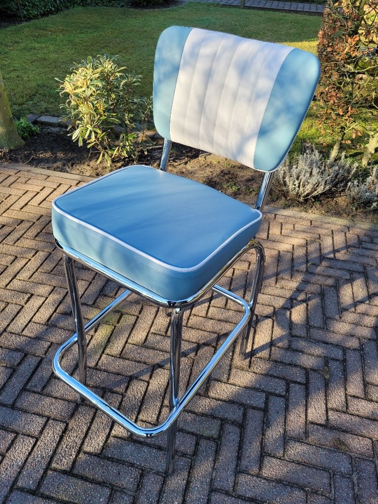 Bel Air 1 blauwe Amerikaanse barkruk retro sixties fifties, Ophalen, Met voetsteun, 60 tot 90 cm, Zo goed als nieuw