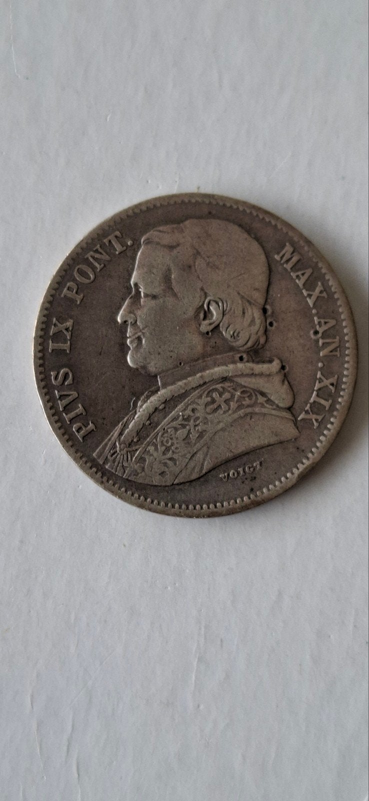 Zeldzame 20 Baiocchi munt uit 1865 - Paus Pius IX, Postzegels en Munten, Ophalen of Verzenden, Losse munt, Zilver