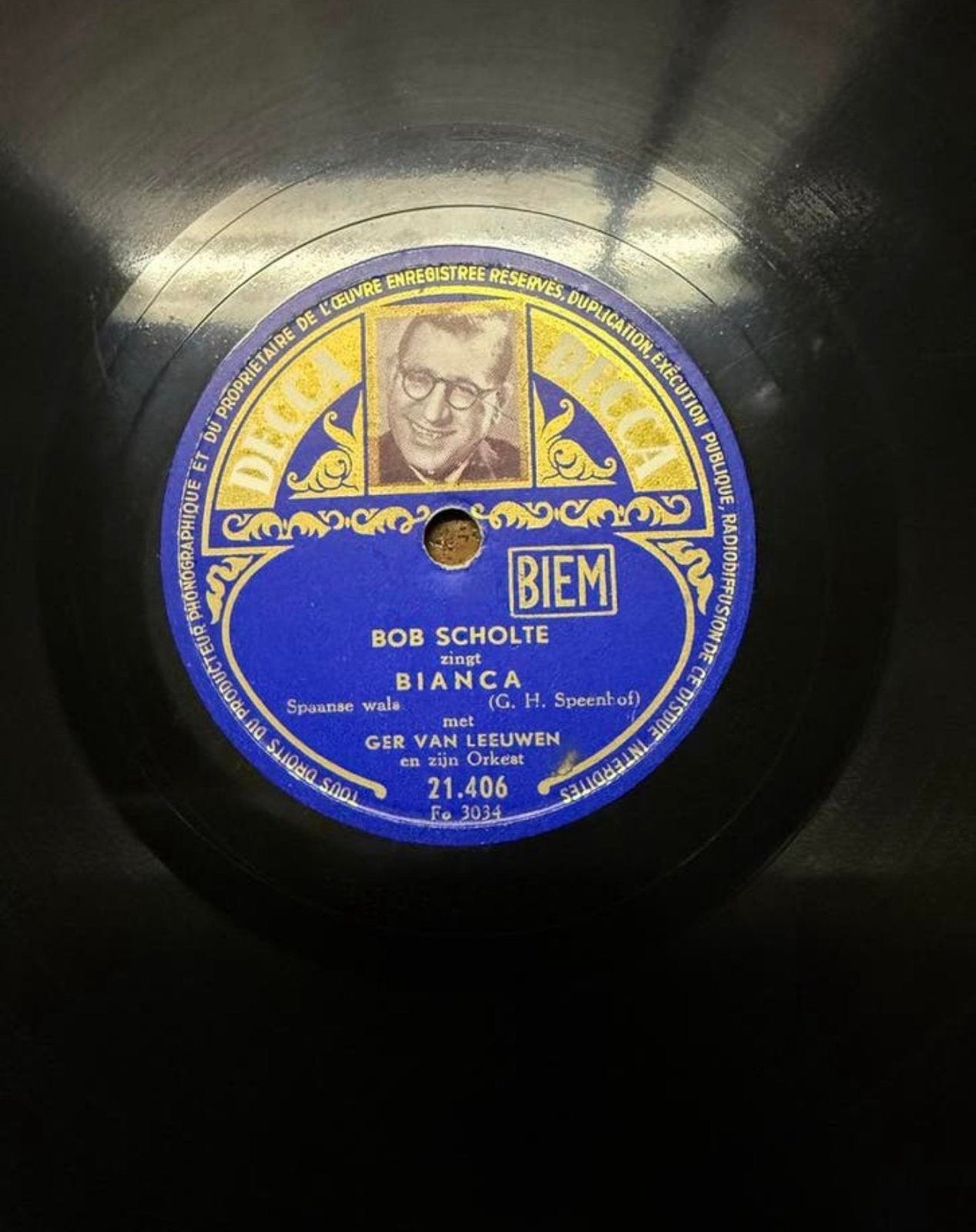 Zeldzame 78-toerenplaat Bob Scholte - Bianca (Decca), Cd's en Dvd's, Vinyl | Nederlandstalig, Ophalen of Verzenden, Gebruikt