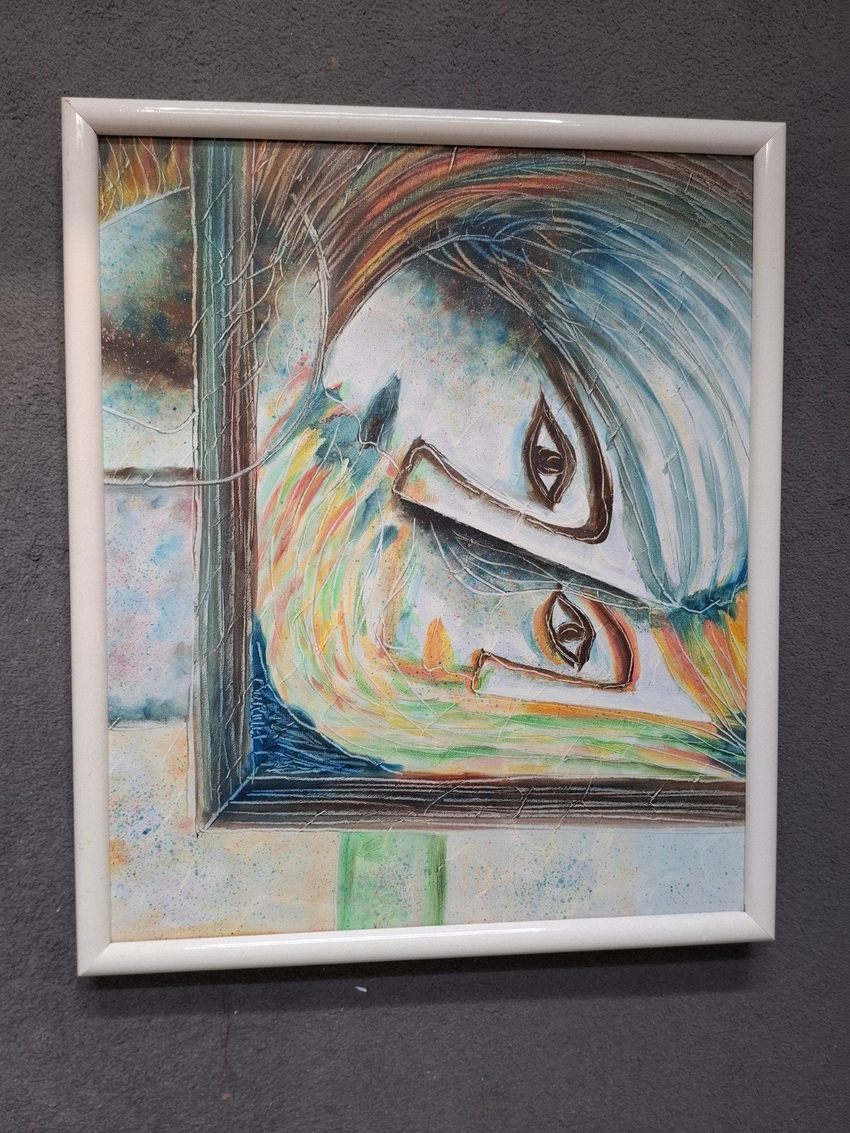 Modern schilderij 'Gezichten' - Gesigneerd Burnett, Ingelijst, Ophalen of Verzenden, Textiel, Figuren