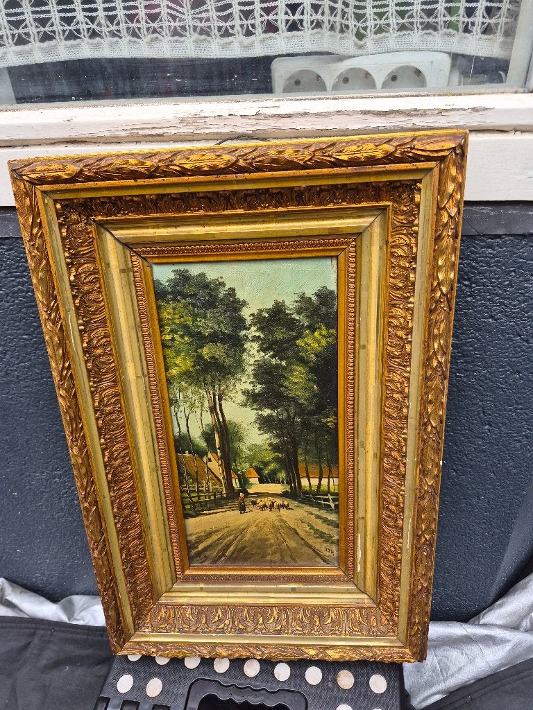 Olieverfschilderij herderin, boerin en kudde schapen, JJN?, Antiek en Kunst, Ophalen, Paneel, Gesigneerd, Landschap