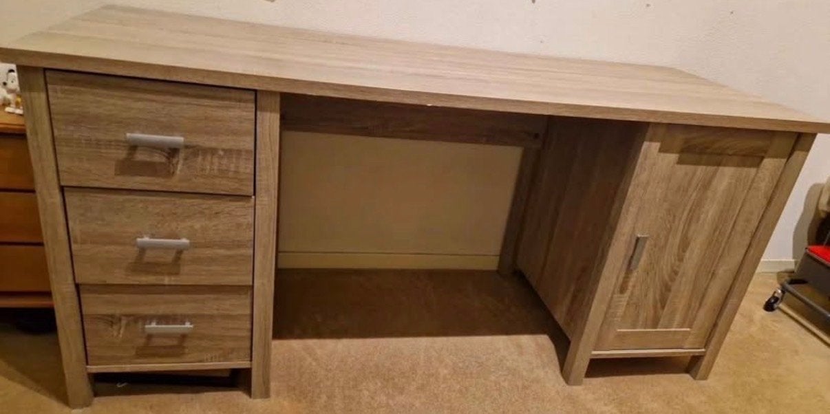 Stevig bureau met lades en kastje - Houtlook, Ophalen, Overige typen, Gebruikt, Met lades