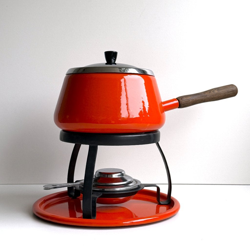 Oranje fondue set - emaille vintage, Ophalen of Verzenden, Zo goed als nieuw, Brander, Fondueset