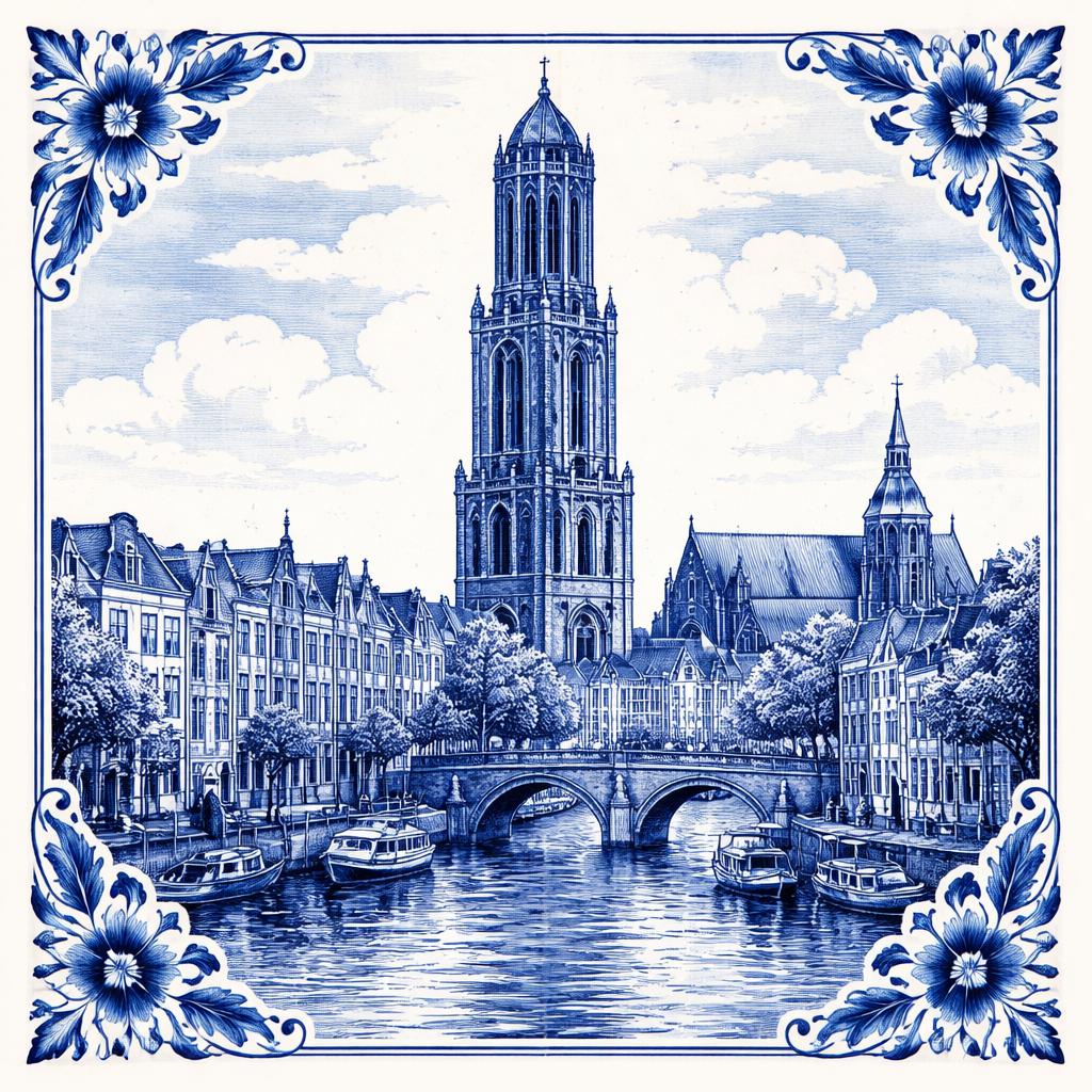 Delfts Blauw  look Tegeltje Dom en Grachten Utrecht 15x15 cm, Ophalen of Verzenden, Nieuw, Overige typen