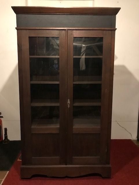 vitrinekast antiek antieke kast met glas teak strakke strak, Ophalen, 100 tot 150 cm, Glas, 150 tot 200 cm