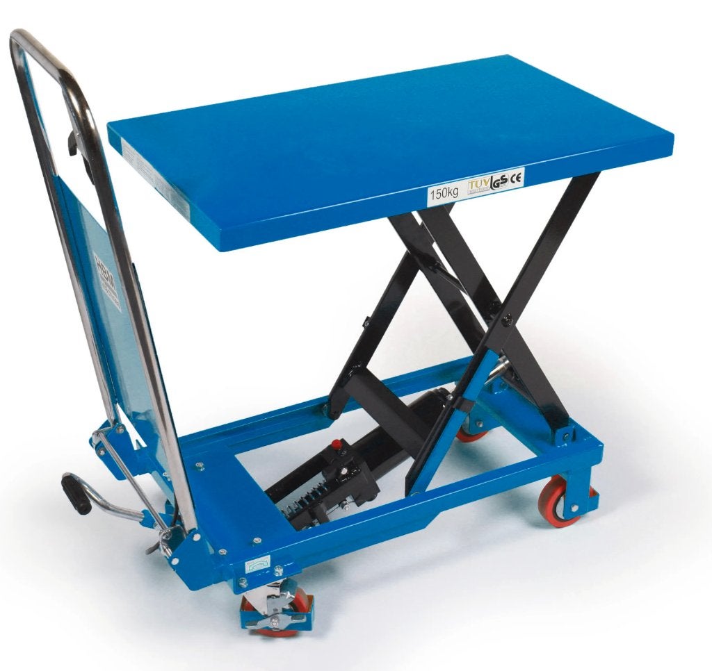HBM verrijdbare werktafel, heftafel 150 kg, € 185,-, Ophalen, Zo goed als nieuw, Minder dan 70 cm, Inklapbaar