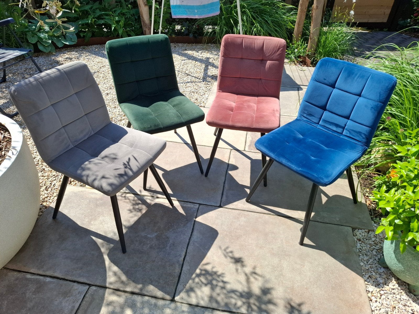 Set van 4 gestoffeerde eetkamerstoelen in diverse kleuren, Huis en Inrichting, Stoelen, Ophalen, Gebruikt, Overige kleuren, Modern