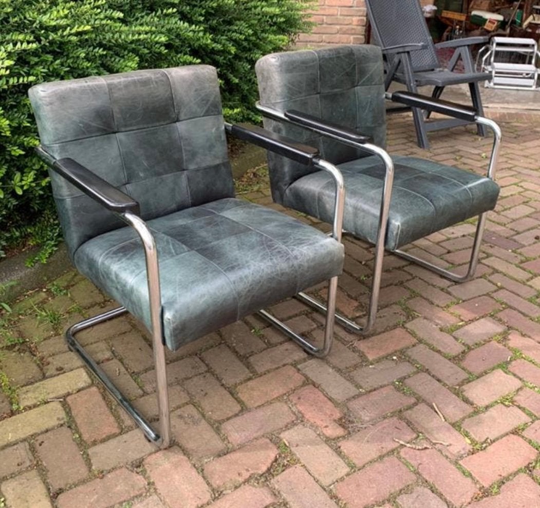 Fauteuil twee buisframe leren fauteuils Machalke jaren 80., Ophalen of Verzenden