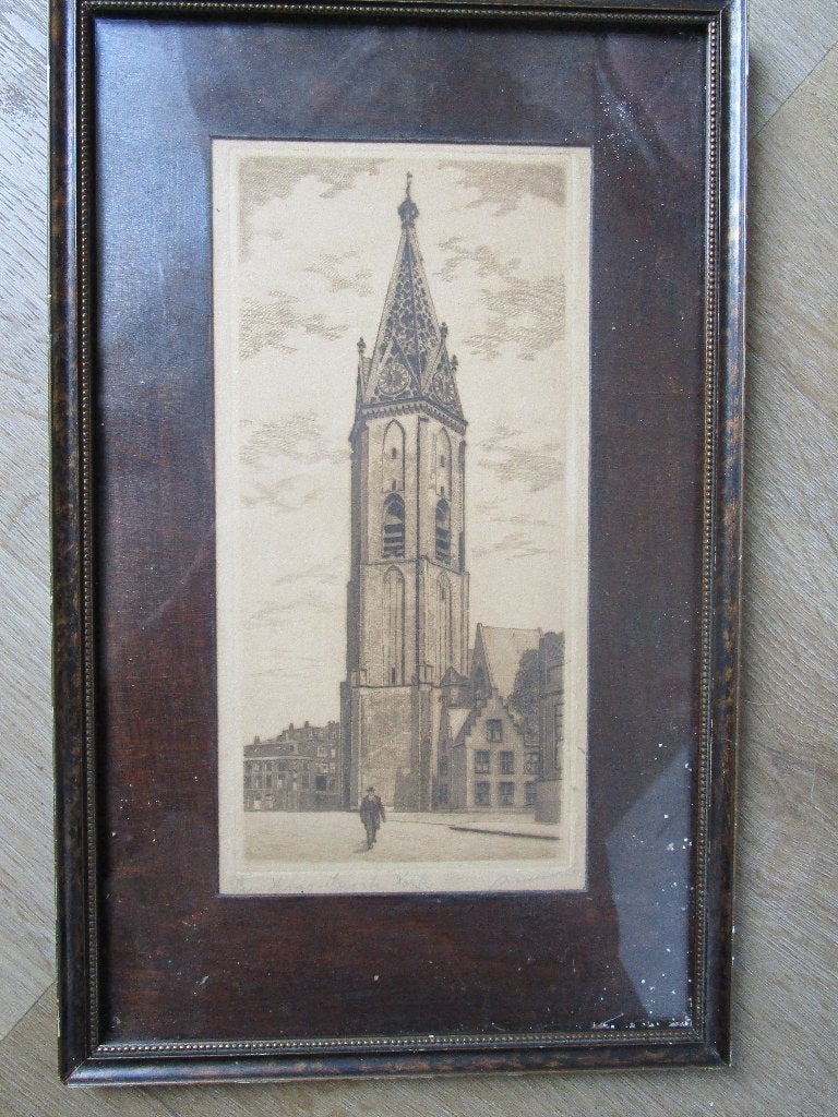 Mooie Gravure Groote kerk Den Haag - gesigneerd Bouwens ?, Gesigneerd, Verzenden, 22 cm, Gravure