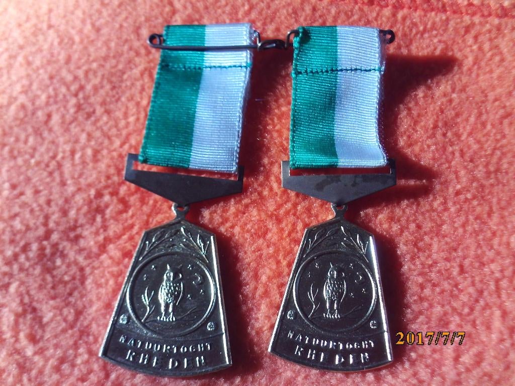 Rheden 2 medaille Natuurtocht Rheden afb uil  tak groen wit, Ophalen of Verzenden, Overige materialen, Nederland