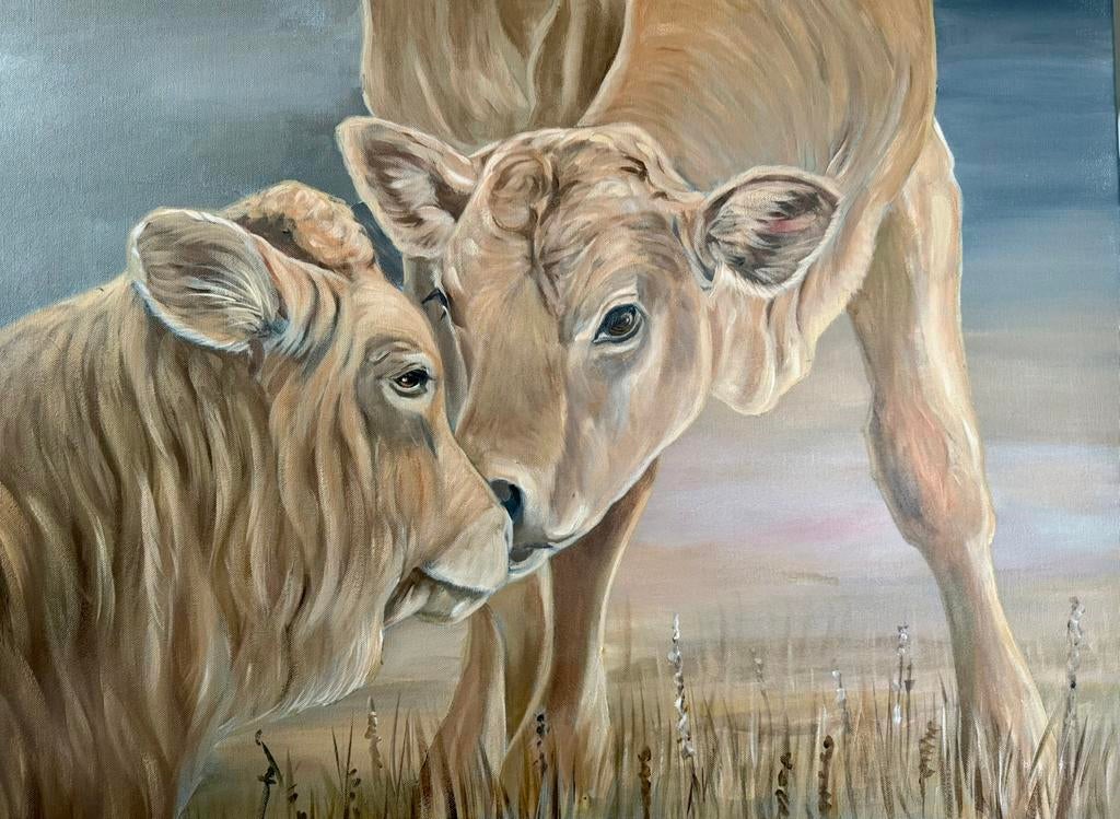 Schilderij kalveren, Oorspronkelijke maker, Nieuw, Ophalen of Verzenden, Schilderij