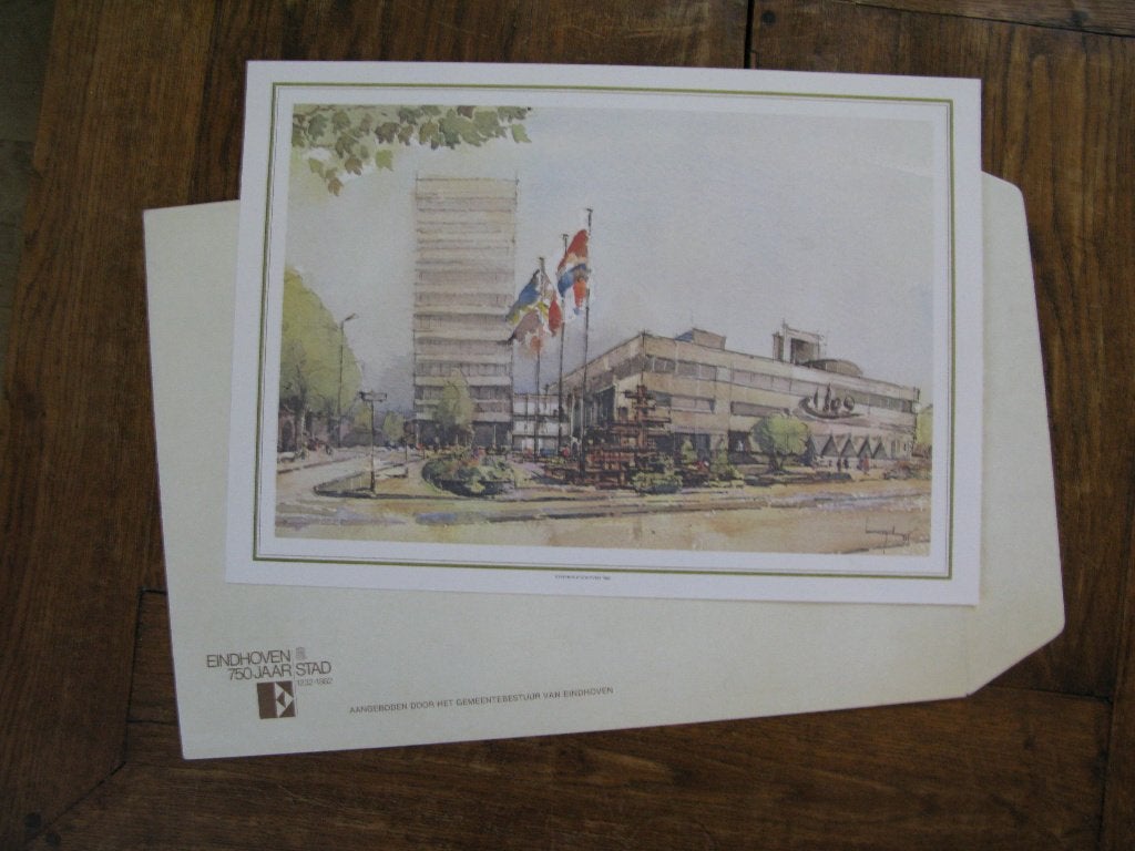 Stadhuis Eindhoven door Paul Decq (1982) gedrukte poster, Verzamelen, Posters, Gebruikt, Rechthoekig Liggend, Ophalen of Verzenden