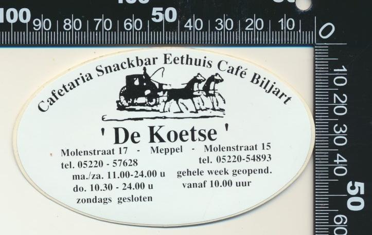 Sticker: Eethuis Cafe Biljart De Koetse - Meppel, Ophalen of Verzenden, Zo goed als nieuw, Bedrijf of Vereniging