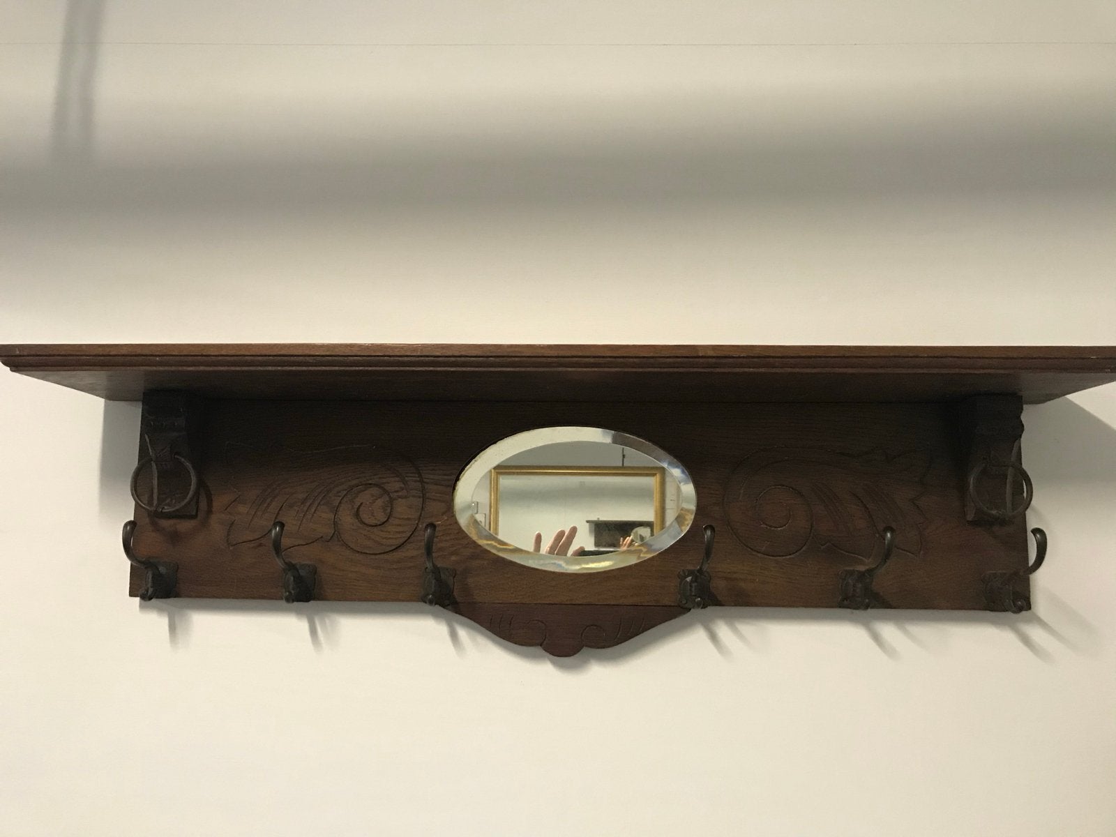 Antieke Eikenhouten Wandkapstok met Spiegel, Ophalen, Gebruikt, Hout, Wandkapstok