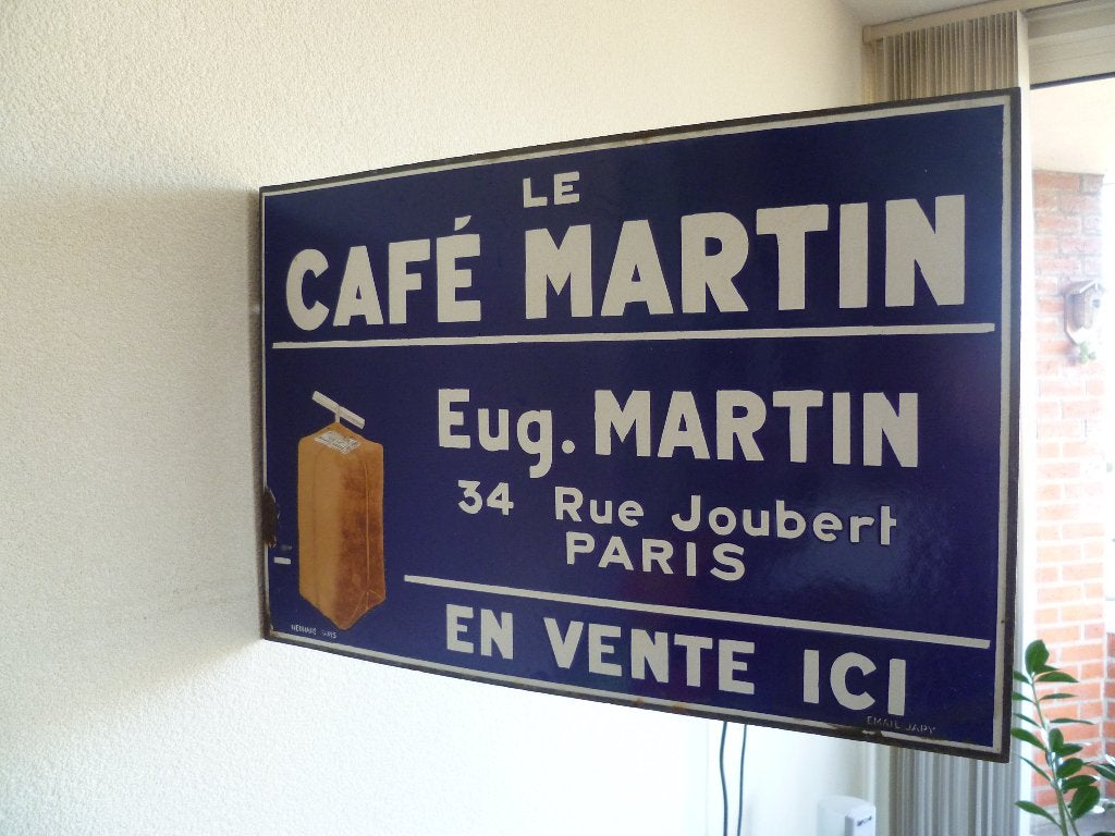 EMAILLE RECLAMEBORD"LE CAFE MARTIN EN VENTE ICI"UIT JAREN 30, Ophalen of Verzenden, Gebruikt, Reclamebord