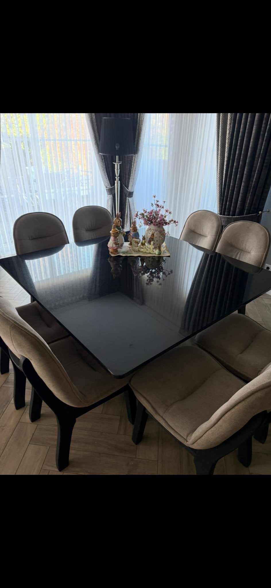 Granieten eettafel met zwarte gepoedercoate kruispoot, Overige materialen, Gebruikt, 100 tot 150 cm, Vierkant