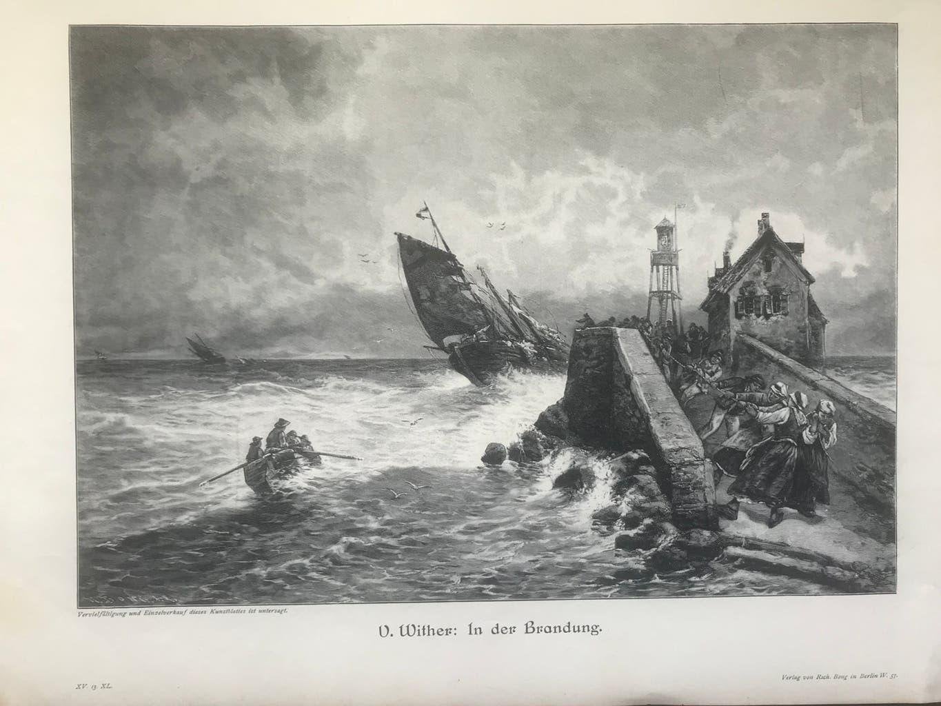 V. Wither: In der Brandung, 1896, or. gravure, 31x22cm.Mooi!, Antiek en Kunst, Origineel, Ophalen of Verzenden, Landschap, 1800 - 1899