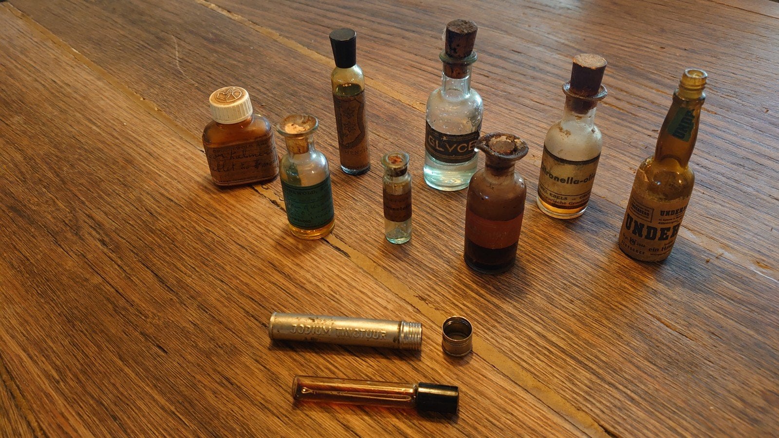 Set antieke vintage apothekers- & drogisterijflesjes, Ophalen of Verzenden