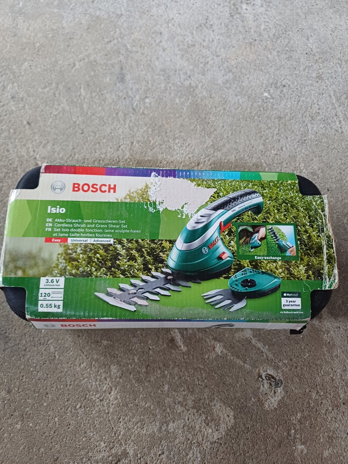 Bosch Isio Accu-struik- en grasschaar set (doos beschadigd), Tuin en Terras, Ophalen of Verzenden, Zo goed als nieuw, Accu, Bosch
