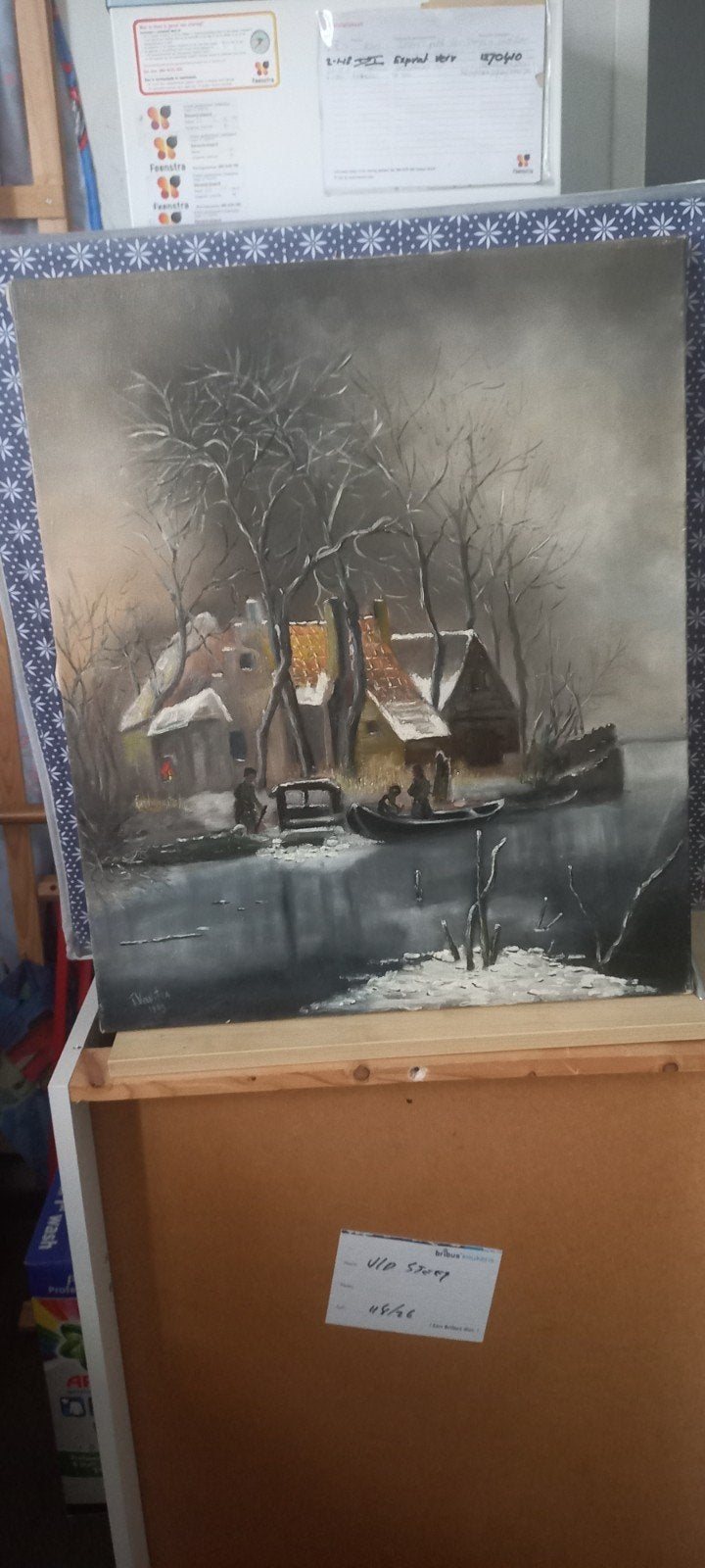 Schilderij Winterlandschap met Huizen en Water, Doek, Ophalen of Verzenden, Landschap, Olieverf